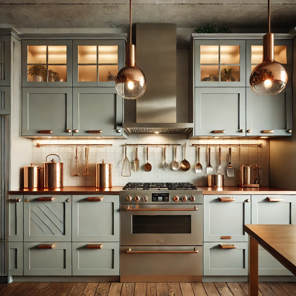 DALL·E-2024-09-29-16.30.59-A-modern-kitchen-showcasing-the-trend-of-mixed-metals-in-hardware-design.-The-cabinets-feature-brushed-nickel-handles-while-the-lighting-fixtures-are