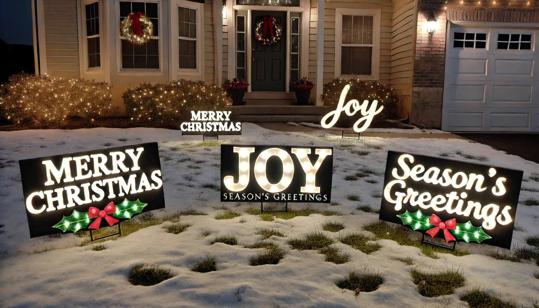 A festive outdoor scene featuring light-up holiday message signs on a snow-covered lawn. The signs display cheerful phrases like 'Merry Christmas,' 'Joy,' and 'Season's Greetings,' with each letter glowing in warm white lights. The signs are designed in bold, classic fonts, and are surrounded by small decorative touches such as holly leaves, red bows, and pinecones. The background shows a cozy house with subtle holiday decorations, including a wreath on the door and string lights along the roofline. The scene is set during the evening, with the light-up signs shining brightly, creating a warm and inviting holiday ambiance.