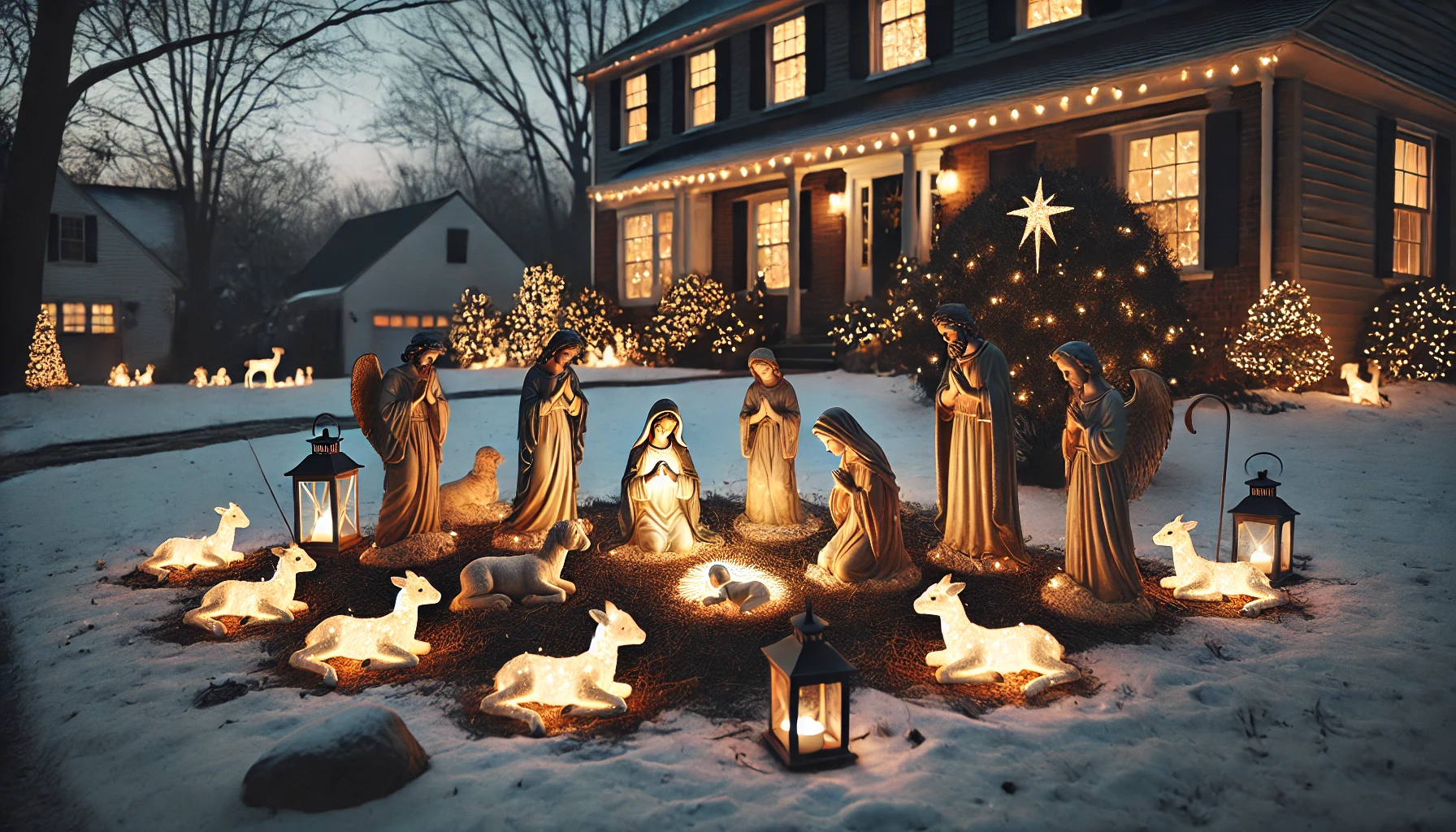 A serene outdoor Christmas scene featuring an illuminated nativity display. The nativity figures, including Mary, Joseph, Baby Jesus, the Three Wise Men, and animals, are softly glowing with warm lights, creating a peaceful and reverent atmosphere. The figures are arranged on a snow-covered lawn, with subtle light accentuating their features. Small lanterns and string lights are gently placed around the scene, adding to the warm, inviting glow. The house in the background is decorated modestly, enhancing the focus on the nativity scene. The setting is during the evening, with the figures softly lit, creating a calm and reflective holiday ambiance.