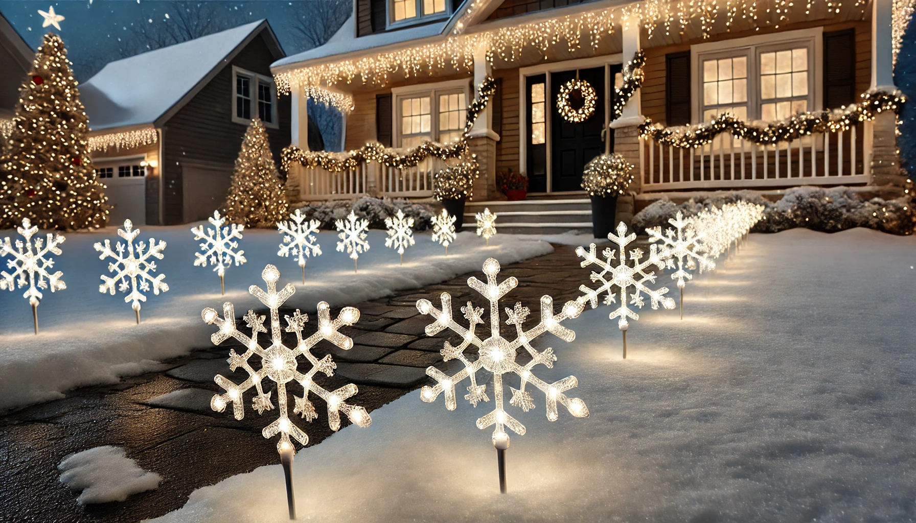 A festive outdoor Christmas scene featuring snowflake stakes placed in the ground along a snow-covered path. The stakes are designed as glowing, white snowflakes that emit a soft, twinkling light, creating a magical, wintery effect. They are evenly spaced, lining the walkway and leading up to a cozy, decorated house. The house has holiday decorations, including a wreath on the door and garlands draped along the porch railings. The scene is set during the evening, with the snowflake stakes casting a gentle, festive glow, adding to the enchanting holiday atmosphere.