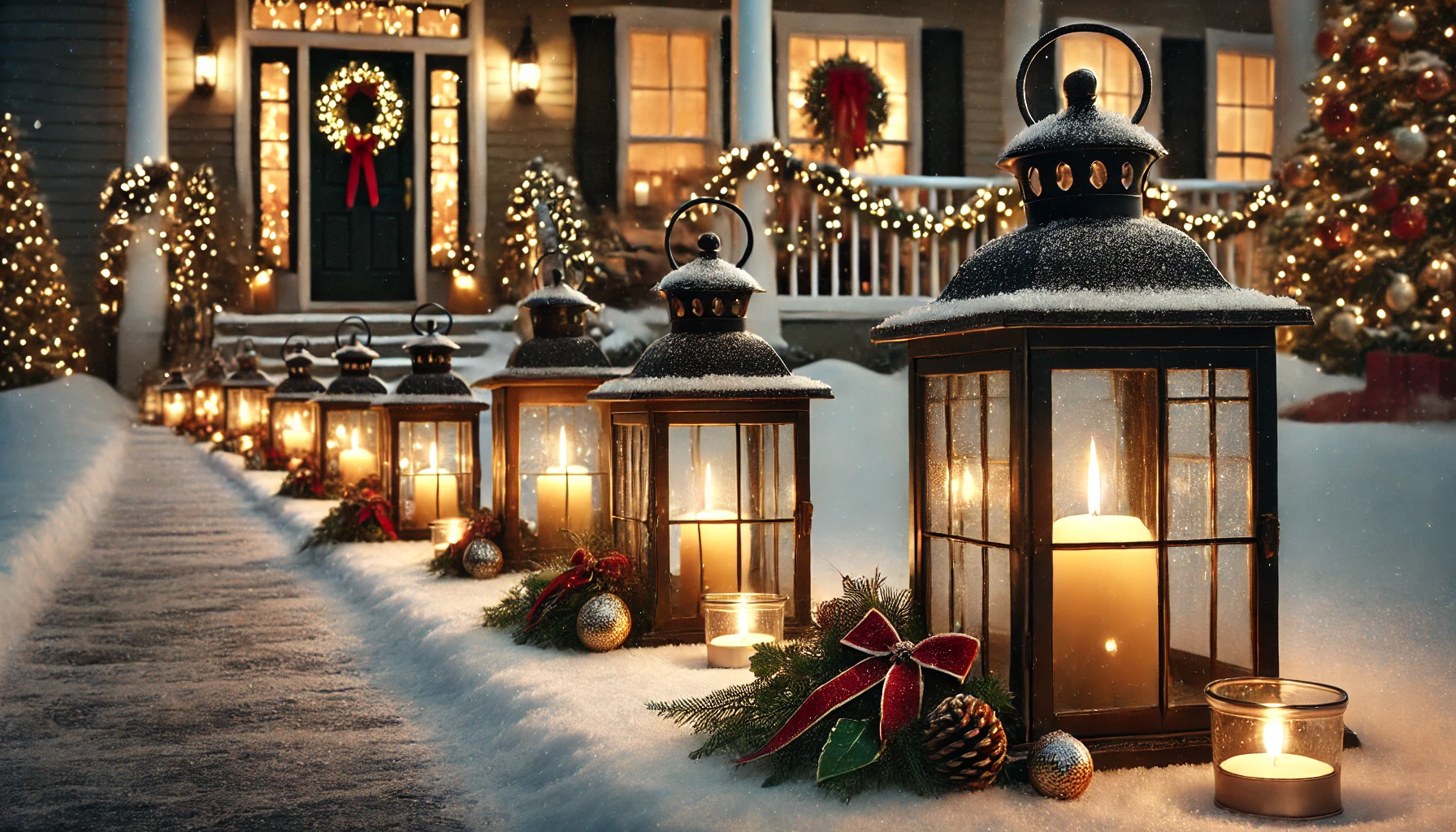 A cozy outdoor Christmas scene featuring classic lanterns placed along a snow-covered path. The lanterns are vintage-style, made of black metal with glass panes, and contain glowing candles that emit a warm, flickering light. Each lantern is adorned with small festive decorations, like sprigs of holly, red ribbons, and pinecones. The lanterns line the walkway leading up to a house decorated for the holidays, with a wreath on the door and garlands along the porch. The scene is set during the evening, with the lanterns casting a soft, inviting glow, creating a nostalgic, classic Christmas atmosphere.