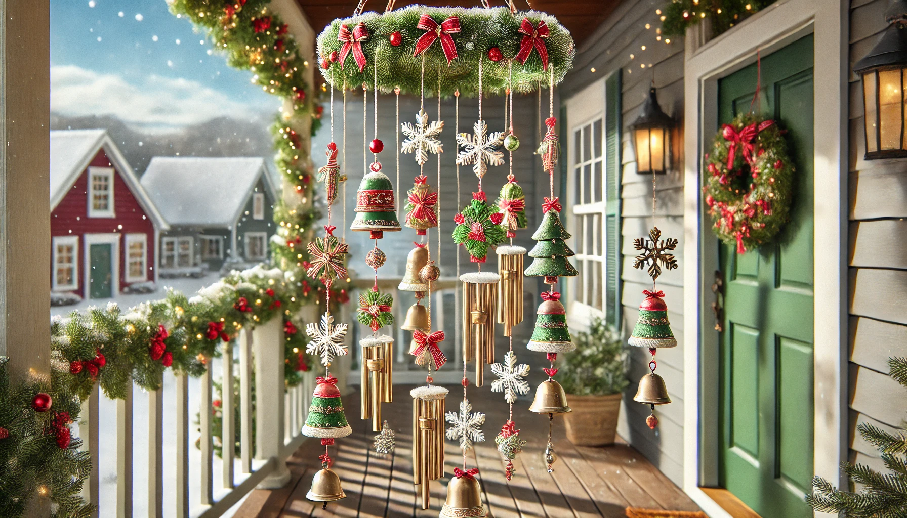 A festive outdoor scene featuring Christmas-themed wind chimes hanging on a porch. The wind chimes are designed with holiday elements like miniature bells, snowflakes, and tiny ornaments in red, green, and gold. They gently sway in the breeze, catching the light and adding a soft, melodic jingle. The porch is decorated with additional Christmas touches, such as garlands around the railings and a wreath on the door. The background shows a snow-covered yard, enhancing the cozy, festive atmosphere during the day. The scene is bright, cheerful, and full of holiday spirit.