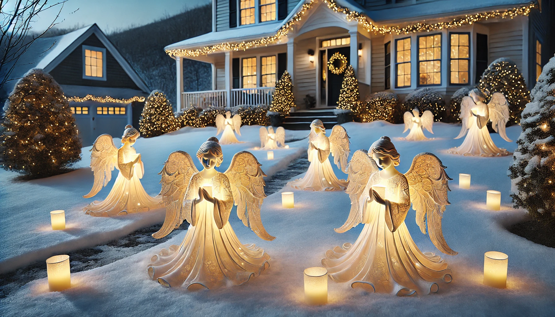 A serene outdoor Christmas scene featuring glowing angel figures placed on a snow-covered lawn. The angel figures are softly illuminated, emitting a warm, gentle light, and are crafted with elegant, flowing designs that create a peaceful and ethereal appearance. Each angel holds a small candle or lantern, adding to the tranquil atmosphere. The lawn is decorated with subtle twinkling string lights around the bushes, and a cozy house in the background has minimal festive decorations like a wreath on the door. The scene is set during the evening, with the glowing angels casting a soft, heavenly glow across the snowy landscape.