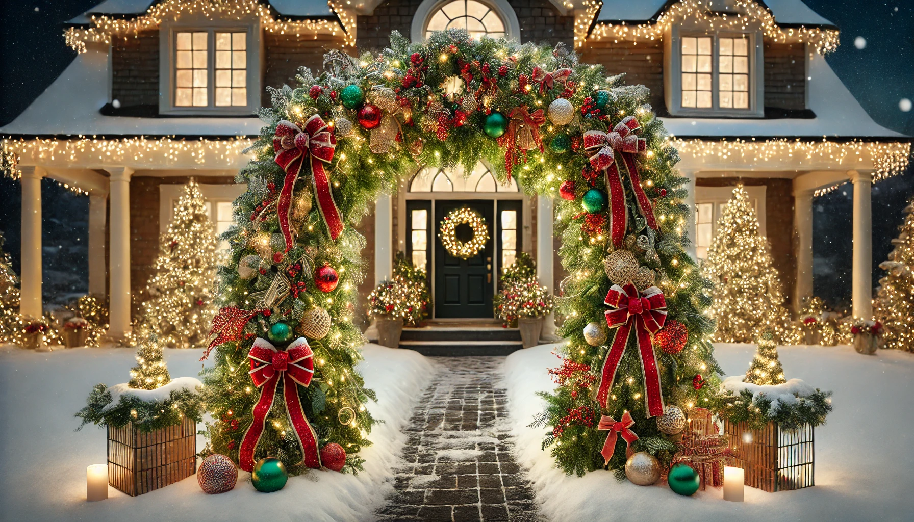 A festive outdoor Christmas scene featuring a beautifully decorated garland archway. The archway is lush with green garlands, adorned with red bows, pinecones, ornaments, and twinkling warm white lights. It frames the entrance to a snow-covered walkway, creating a welcoming and elegant holiday display. The archway is set against the backdrop of a cozy house, with additional decorations like wreaths on the windows and garlands along the porch railings. The scene is set during the evening, with the lights on the archway softly illuminating the path, adding a magical, festive glow.