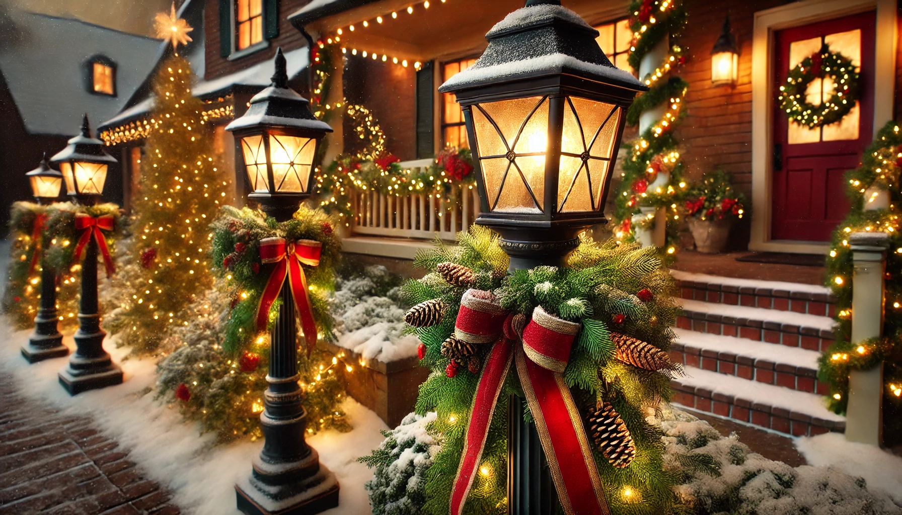 A festive outdoor Christmas scene featuring classic lamp posts adorned with greenery. The lamp posts are styled in a vintage design, with black metal frames and warm glowing lights. Each lamp post is wrapped with lush green garlands, red ribbons, and pinecones, adding a traditional holiday touch. The scene is set on a snow-covered walkway, with twinkling string lights around the nearby bushes and a cozy, decorated house in the background. The warm light from the lamp posts casts a soft, inviting glow, creating a nostalgic and festive atmosphere during the evening.