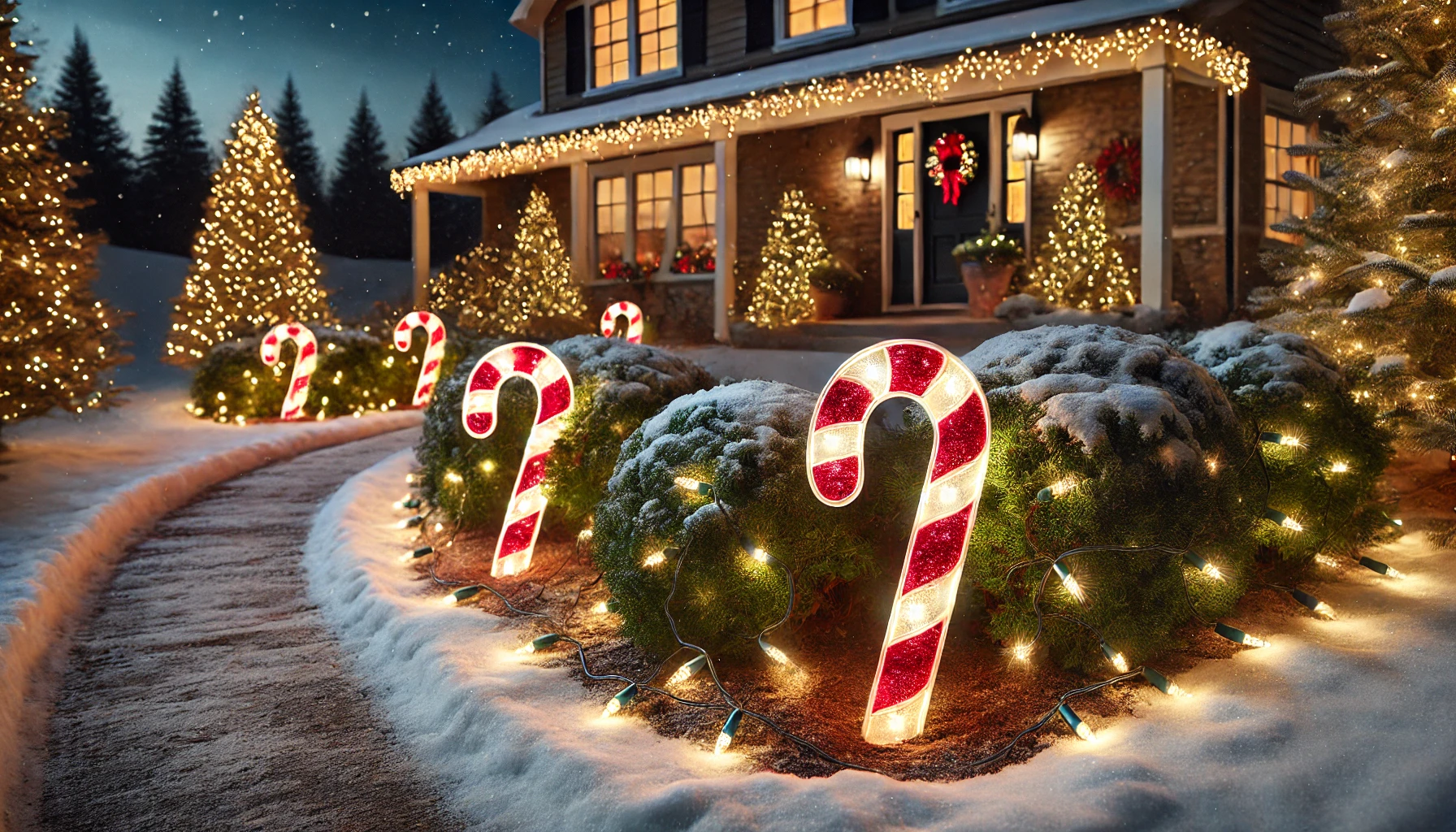 A cheerful outdoor Christmas scene featuring light-up candy canes placed in the garden. The candy canes are brightly lit with red and white lights, creating a festive and whimsical look. They are arranged along the edge of a snow-covered garden path, casting a warm glow on the snowy ground. The garden is decorated with small twinkling string lights on bushes, and the background shows a cozy house with subtle holiday decorations, including a wreath on the door and garlands around the porch. The scene is set during the evening, with the light-up candy canes illuminating the garden, adding a playful, festive touch.