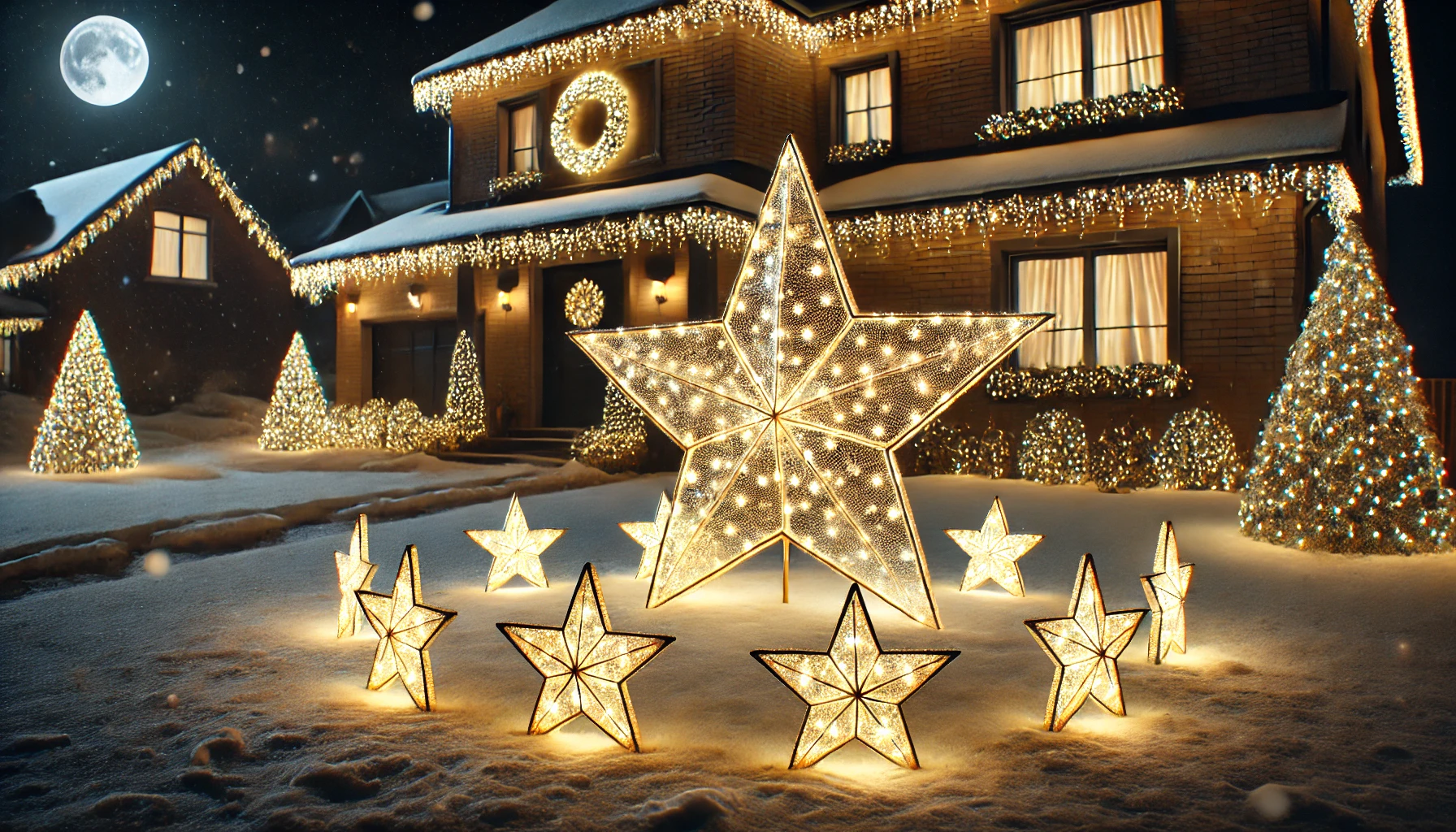 A festive outdoor scene featuring a lighted Christmas star display set up on a snow-covered lawn. The star is large and glowing with warm white lights, positioned prominently in front of a cozy house. Smaller stars are arranged around it, creating a radiant, twinkling effect. The display casts a soft, inviting glow, illuminating the snowy ground and enhancing the festive atmosphere. The house in the background has subtle holiday decorations, including garlands and a wreath on the door. The scene is set during the evening, with the lighted stars shining brightly against the dark sky, adding a magical, holiday touch.