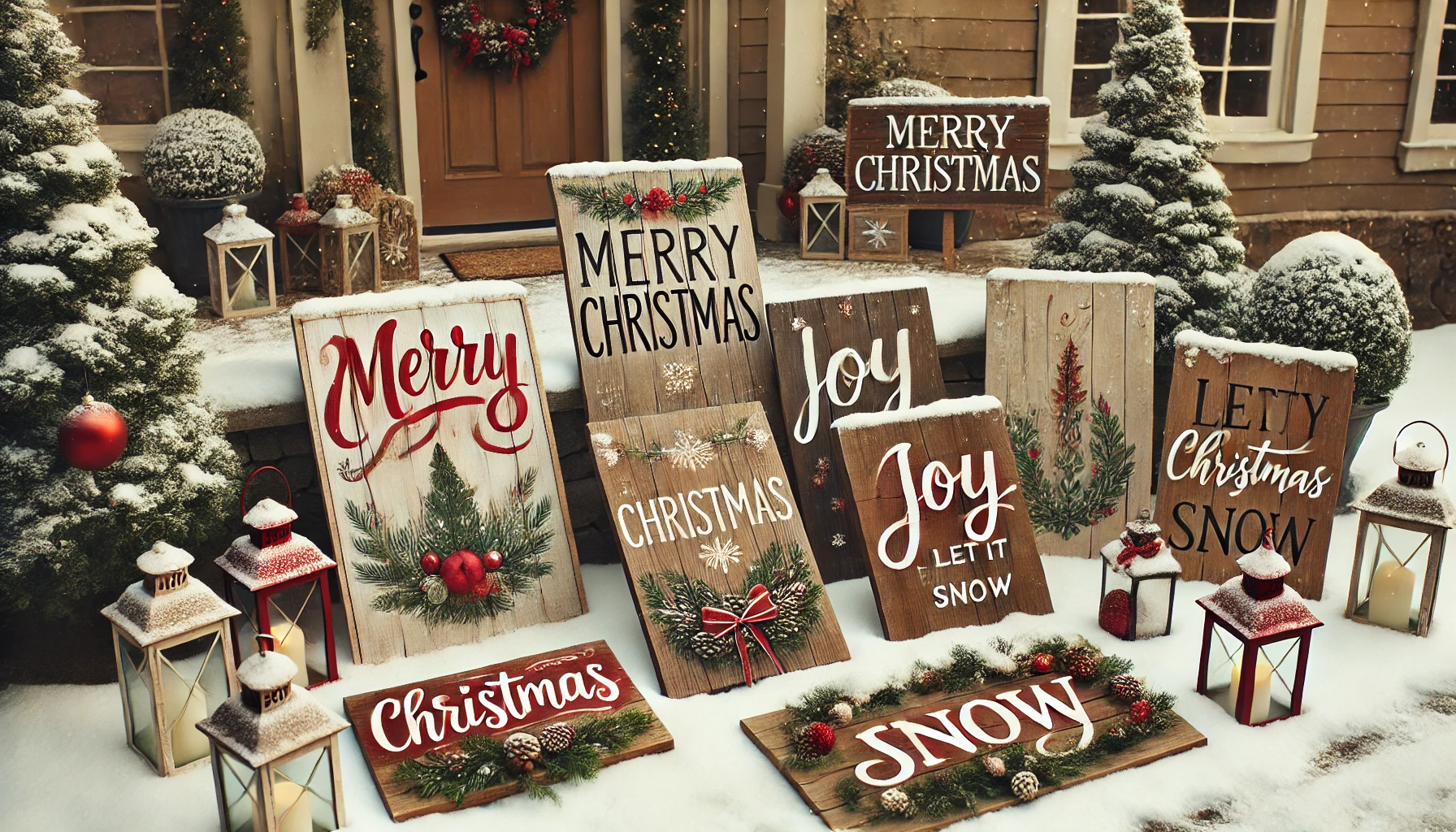 A festive outdoor Christmas scene featuring DIY wooden signs set up on a snow-covered lawn. The signs are made of rustic, weathered wood, with hand-painted holiday messages like 'Merry Christmas,' 'Joy,' and 'Let It Snow,' in bright red and white colors. Each sign is decorated with small touches of greenery, pinecones, and red bows, adding a personal, handmade feel. The signs are arranged near a cozy porch, with additional decorations like garlands and a wreath on the door. The scene is set during the daytime, with soft natural light highlighting the warm, rustic charm of the wooden signs.