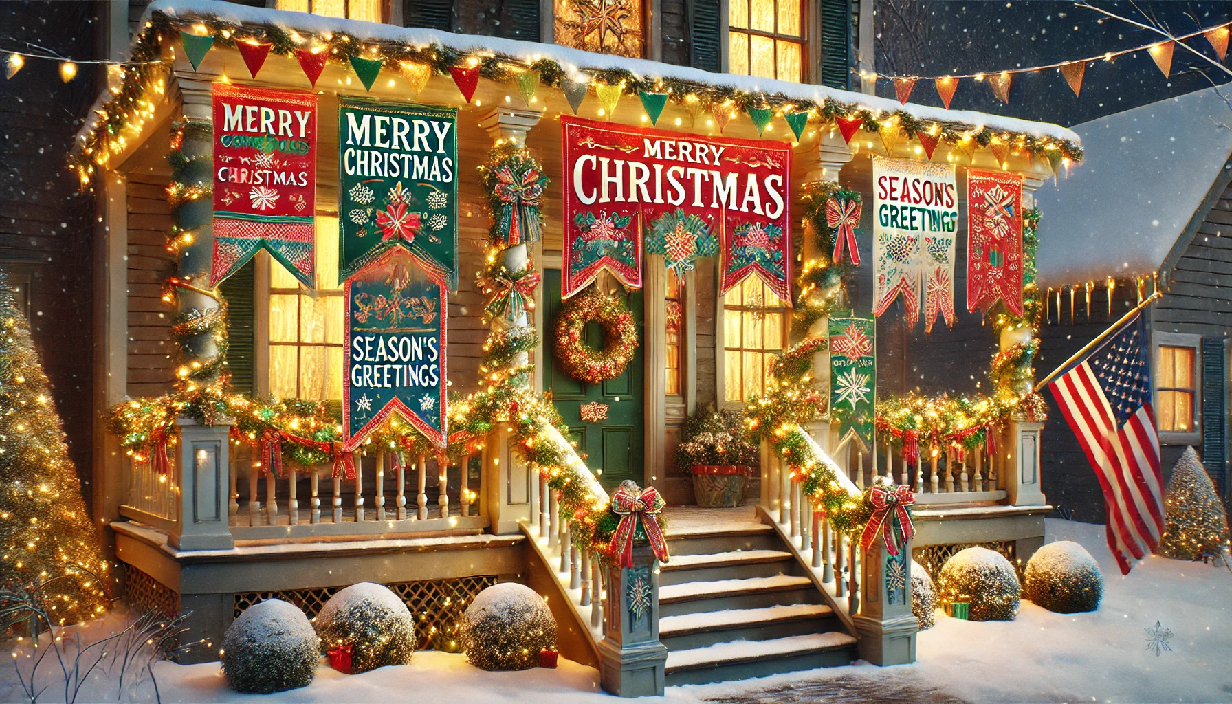 A festive outdoor scene featuring banners hanging across the porch, decorated for Christmas. The banners are bright and colorful, with holiday phrases like 'Merry Christmas' and 'Season's Greetings' in bold, cheerful lettering. Each banner is adorned with small festive elements, such as snowflakes, holly, and stars. The porch is decorated with garlands draped along the railings and a wreath on the front door, enhancing the holiday spirit. Snow gently covers the ground, and twinkling string lights add a warm glow. The scene is set during the evening, creating a cozy, festive atmosphere.