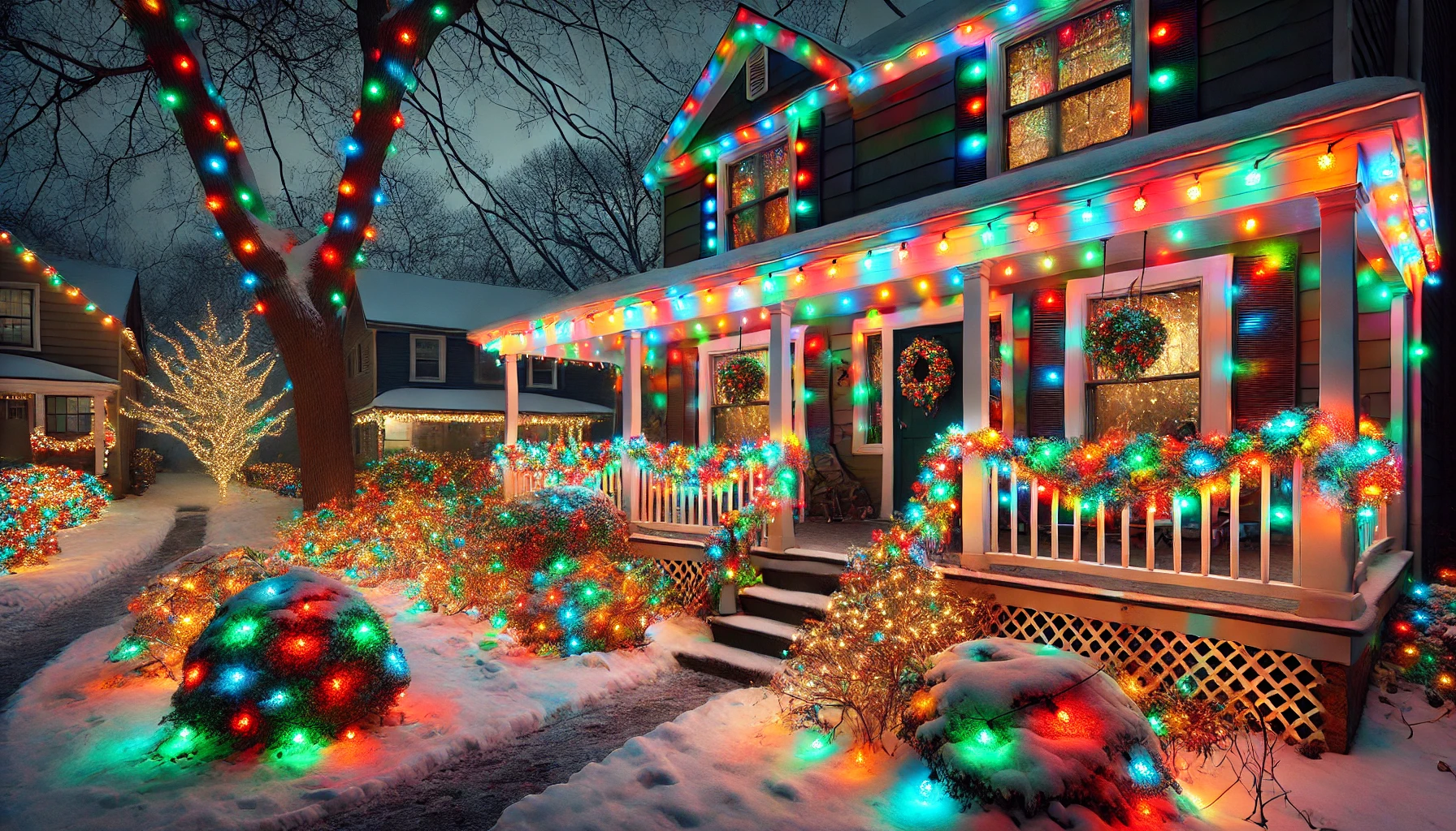 A festive outdoor scene featuring brightly colored string lights draped around a house, bushes, and trees. The lights are vibrant, in shades of red, green, blue, and yellow, creating a cheerful and lively display. The colorful lights wrap around the porch railings, hang along the roofline, and twinkle among the branches of nearby trees and shrubs. The snow-covered ground reflects the bright colors, enhancing the joyful atmosphere. The house has subtle holiday touches, like a wreath on the door, and the scene is set during the evening, with the bright string lights illuminating the night, adding a playful, festive vibe.