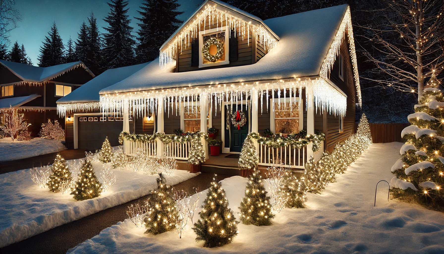 A cozy outdoor Christmas scene featuring icicle lights hanging along the roofline of a house. The icicle lights are bright, white, and twinkling, creating a cascading effect that resembles real icicles. The lights illuminate the house, casting a warm glow on the snow-covered lawn. The house is decorated with additional festive touches, such as a wreath on the front door and garlands around the porch. Small evergreen bushes are adorned with string lights, enhancing the holiday spirit. The scene is set during the evening, with the icicle lights shining brightly against the dark sky, creating a magical, wintery atmosphere.