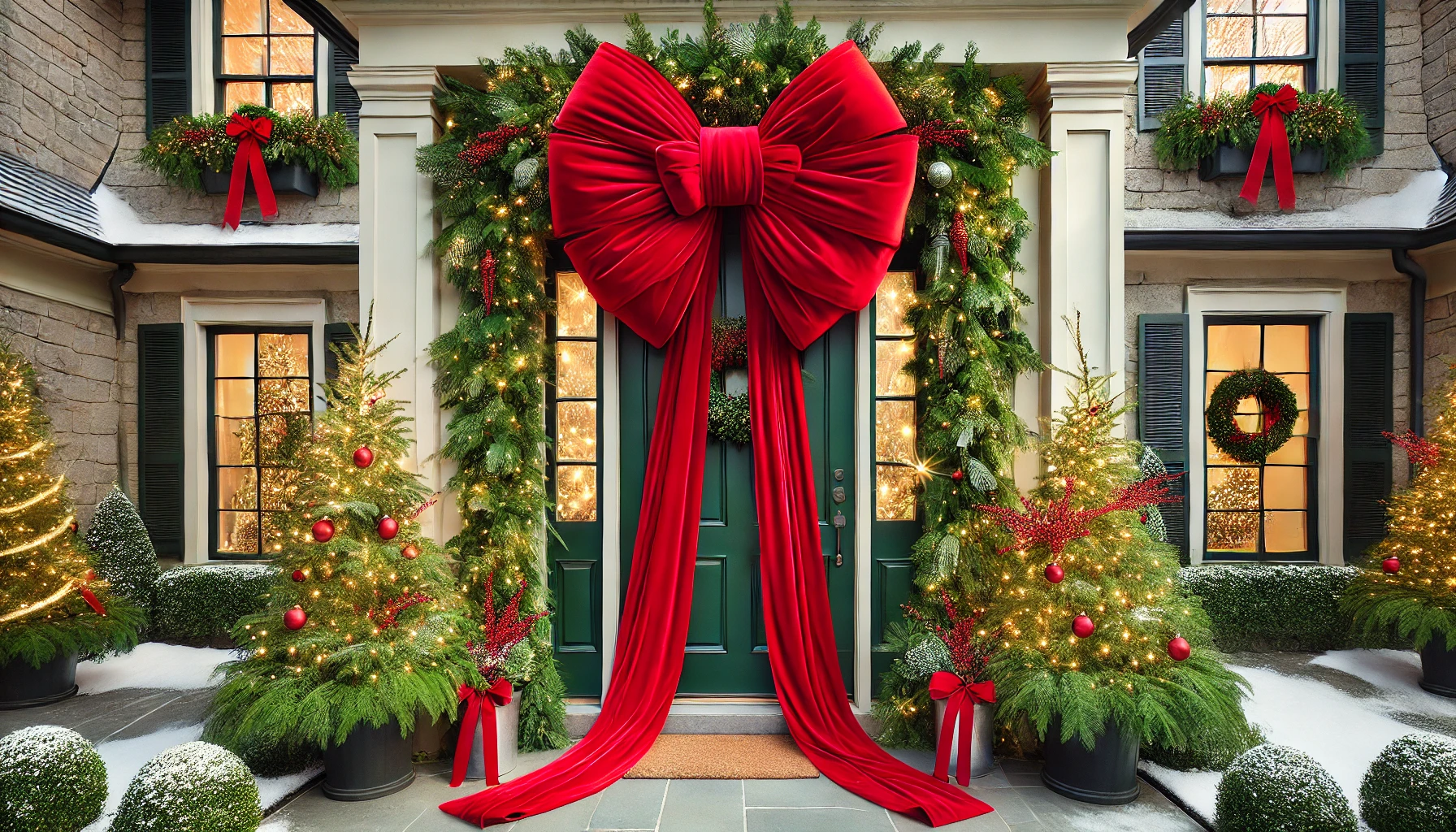 A festive outdoor scene featuring an oversized Christmas bow on a front door. The bow is bright red, made of luxurious, velvet-like material, and takes up most of the door, creating a bold and elegant statement. Long ribbon tails cascade down the door, adding to the festive appearance. The door is framed by lush green garlands with twinkling lights, and a few small pinecones and red berries are tucked into the greenery. The porch has additional holiday touches, such as potted evergreen trees with small ornaments and a light dusting of snow on the ground. The scene is set during the daytime, with natural light highlighting the vibrant, oversized bow, creating a striking and welcoming holiday look.