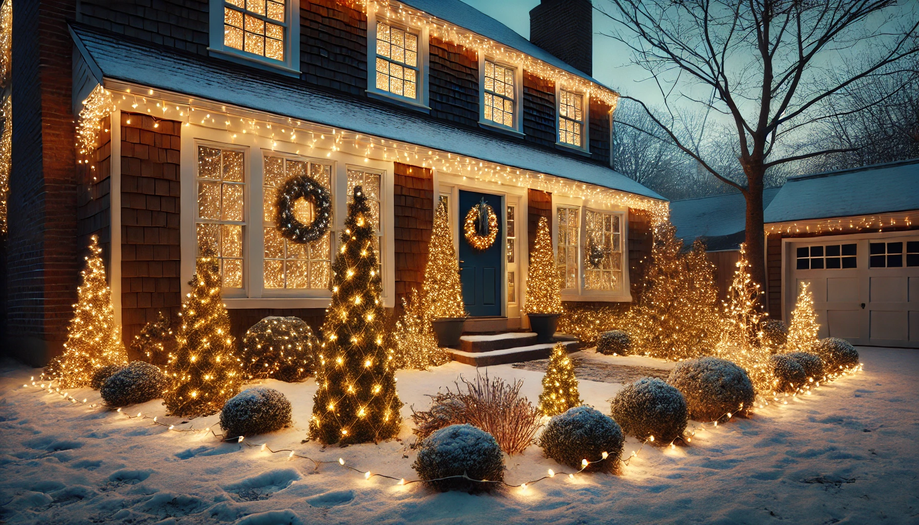 An outdoor Christmas scene featuring LED light netting draped over bushes and small trees. The netting is made of warm white lights, creating a uniform, twinkling effect that softly illuminates the greenery. The yard is covered in snow, with additional decorations like string lights around the windows and a wreath on the door, enhancing the festive ambiance. The light netting provides a neat, evenly lit appearance, perfect for a cozy, wintery evening scene. The setting is during dusk, with the lights glowing brightly against the darkening sky, creating a warm, magical atmosphere.