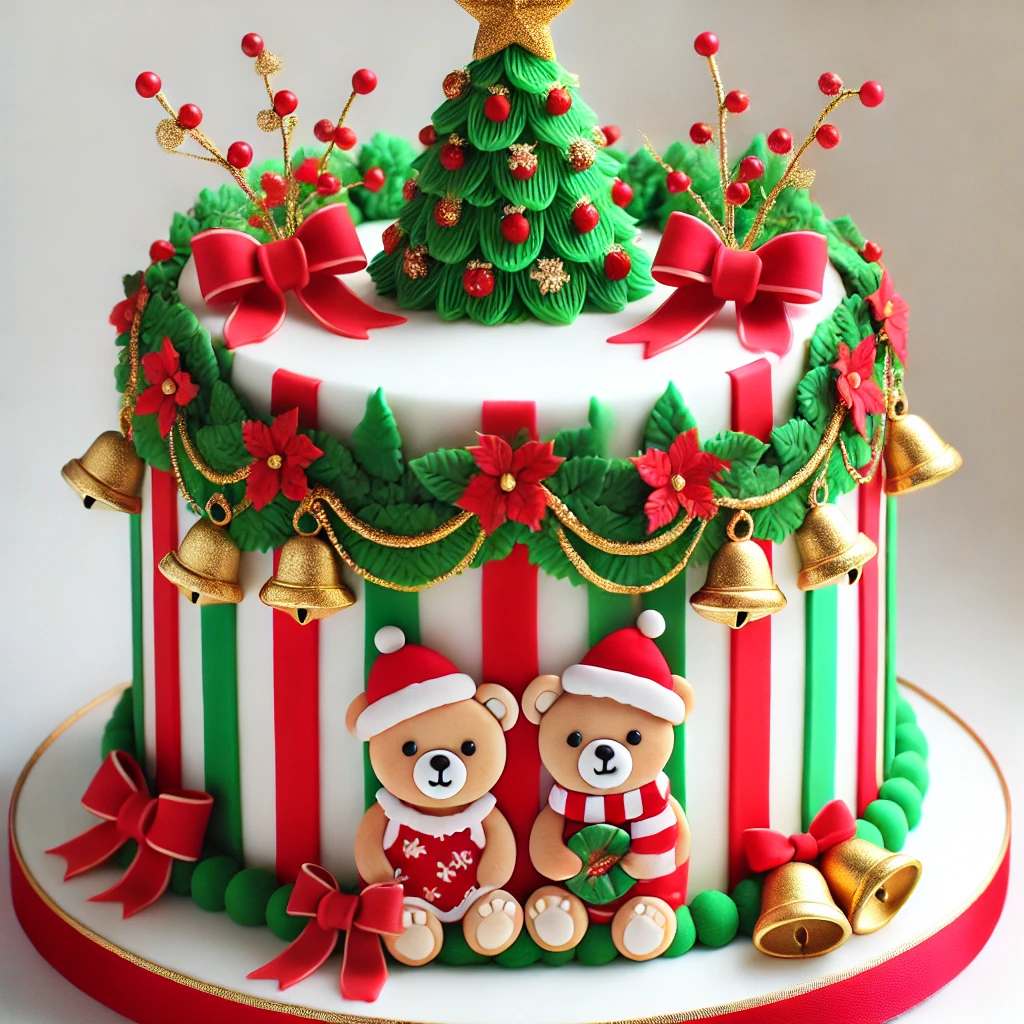 A festive Christmas cake featuring red and white striped fondant on the sides, adorned with green fondant garlands, golden bells, and red bows. The top of the cake has two cute teddy bears wearing red Santa hats, sitting near a decorated Christmas tree with golden ornaments and a star topper. The cake is displayed against a clear white background to emphasize the intricate details and whimsical holiday design.