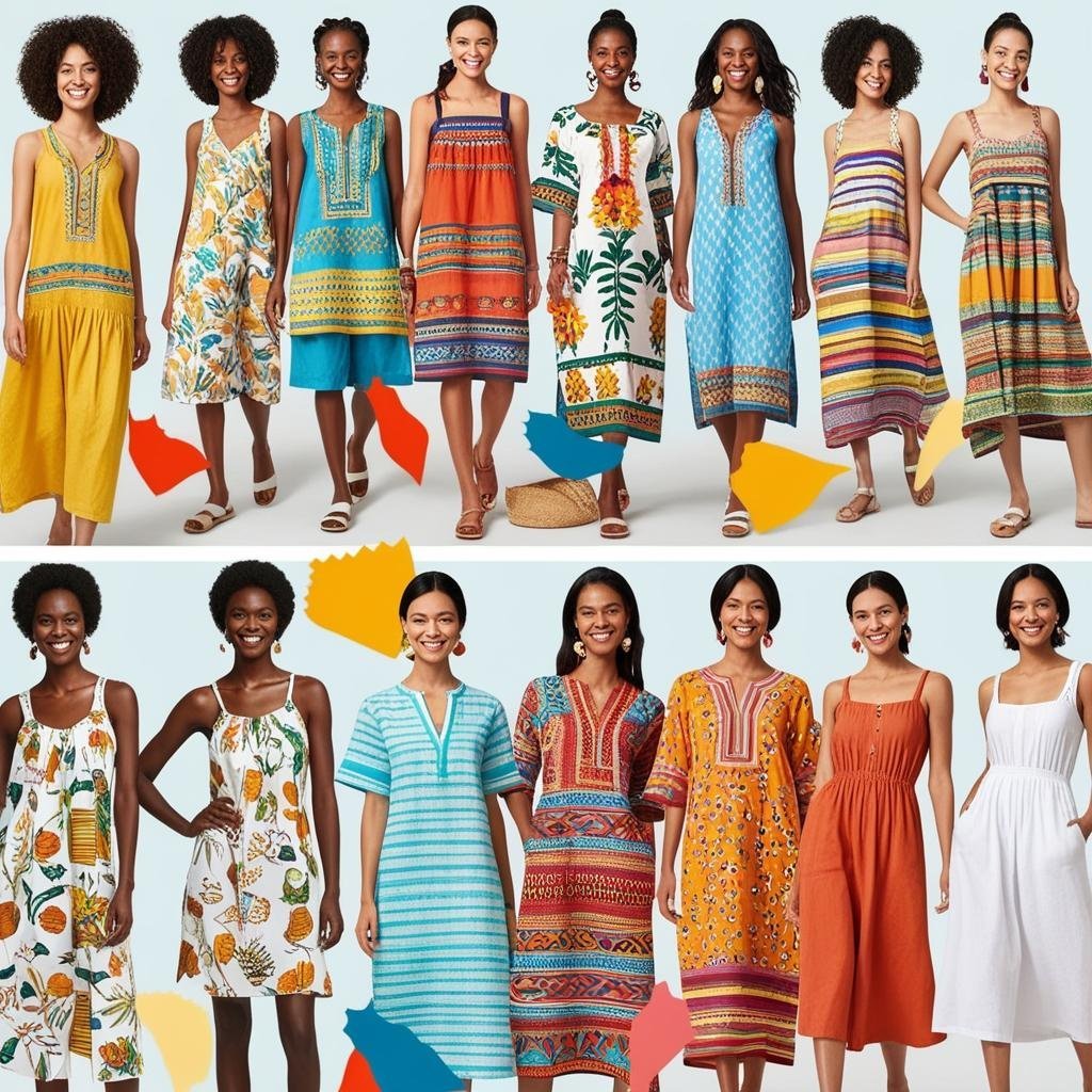 Stylish summer outfits including dresses, tops, and accessories for a trendy, comfortable look during warm weather