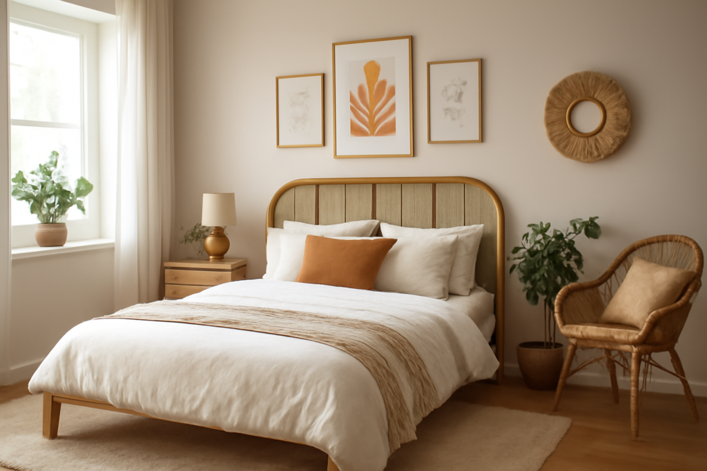 Bright and inviting bedroom with rattan headboard, neutral textiles, wooden nightstand, woven lamp, and earthy artwork, creating a cozy and harmonious atmosphere.