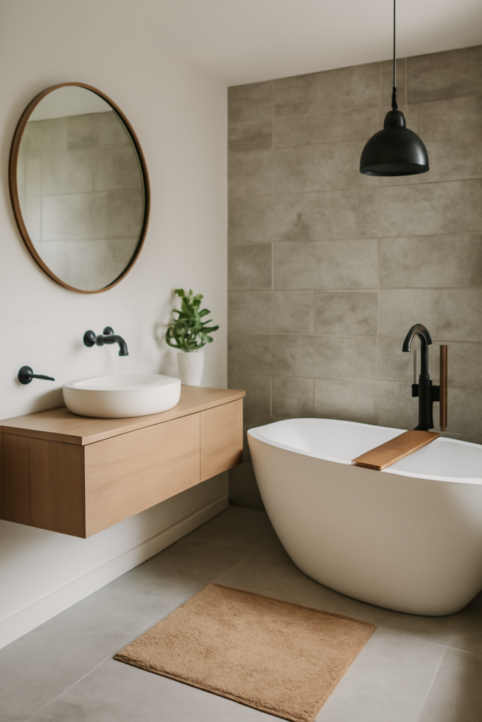 A modern bathroom decor with natural stone tiles, a floating vanity, and a freestanding bathtub.