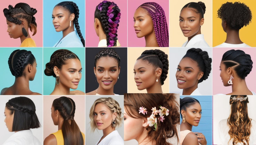 Variety of creative and trendy hairstyles ideas including sleek ponytails, messy buns, braids, and elegant updos.