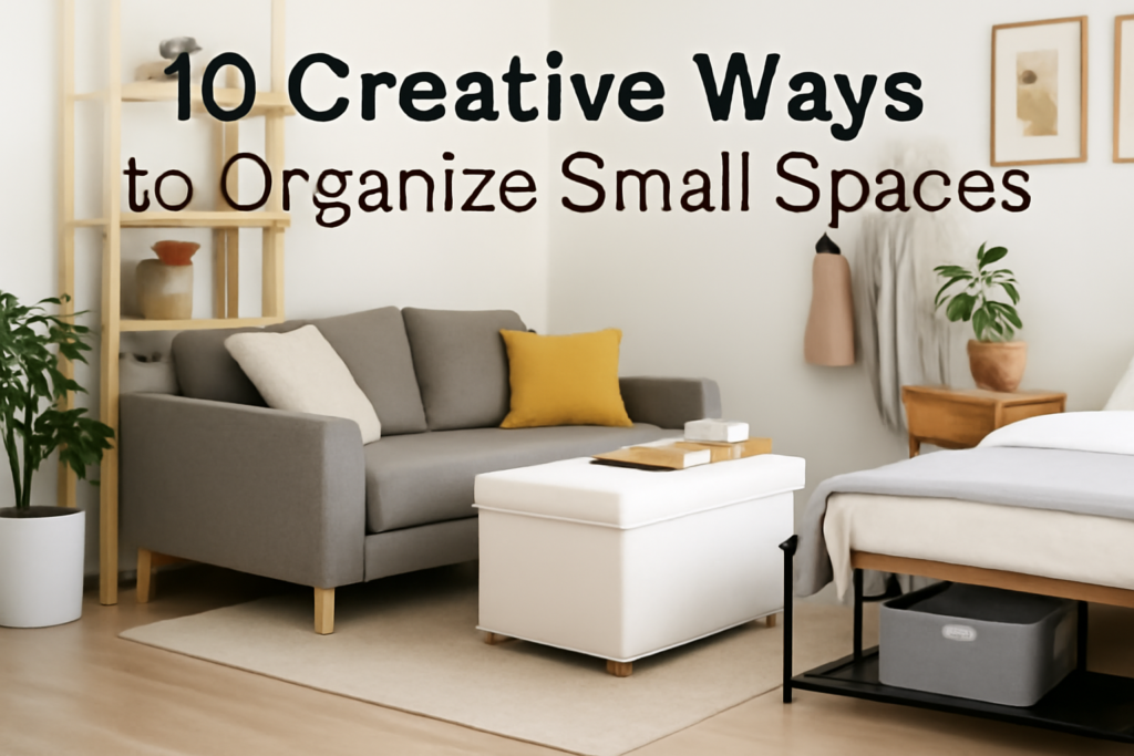 Creative ways to organize small spaces with multi-functional furniture, vertical storage, and clutter-free zones in a cozy home setting.